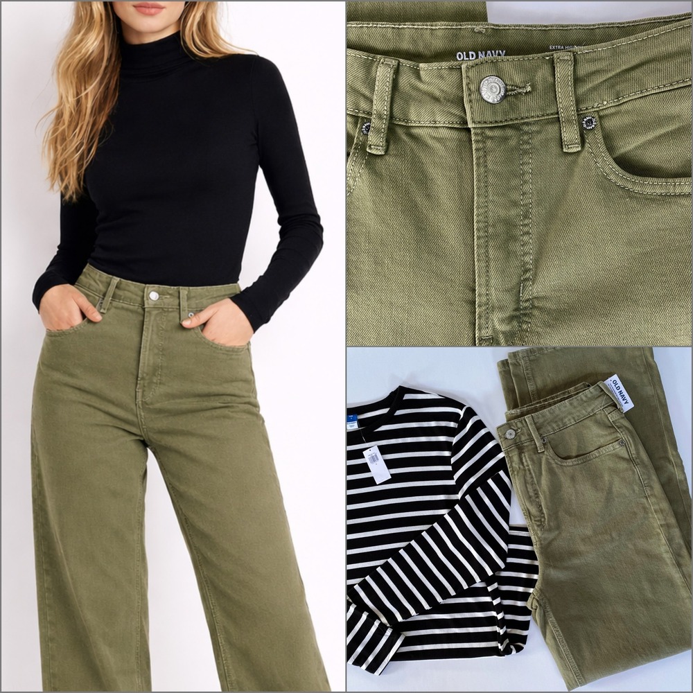 NWT Extra High Rise Wide Leg‎ Sailor Jeans 4 Olive Green Retro 70s Chic Minimal - Picture 2 of 10